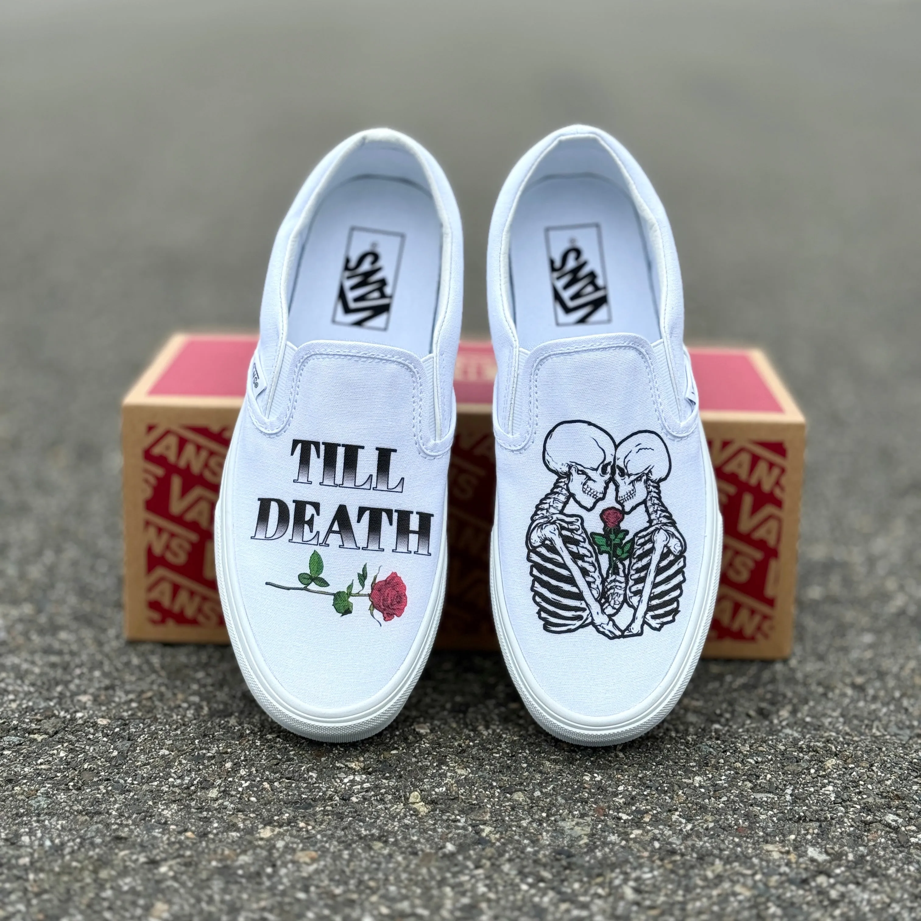 Till Death Kissing Skeletons White Wedding Vans Slip On Shoes - Men's and Women's Custom Vans Sneakers