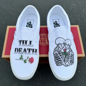 Till Death Kissing Skeletons White Wedding Vans Slip On Shoes - Men's and Women's Custom Vans Sneakers