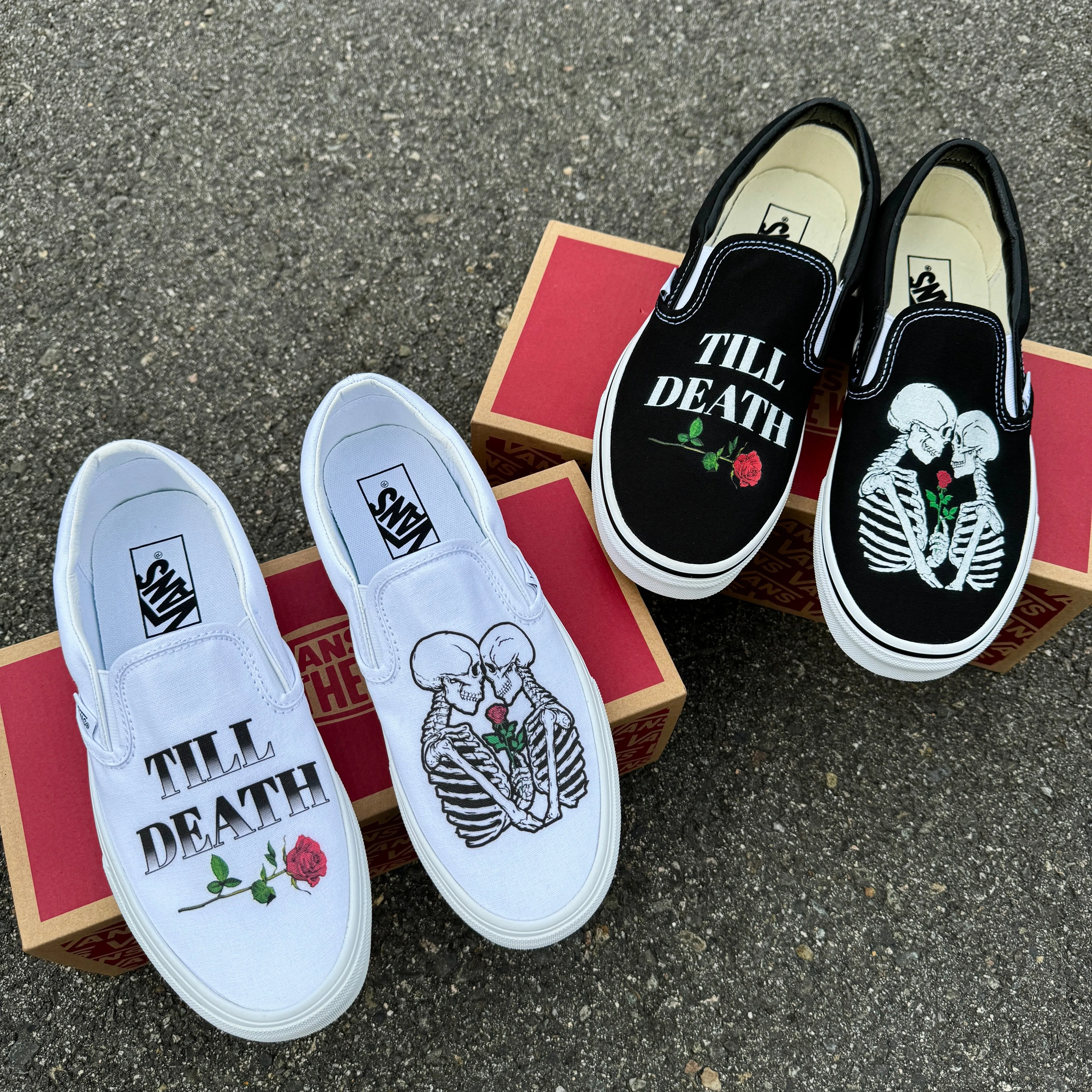 Till Death Kissing Skeletons White Wedding Vans Slip On Shoes - Men's and Women's Custom Vans Sneakers