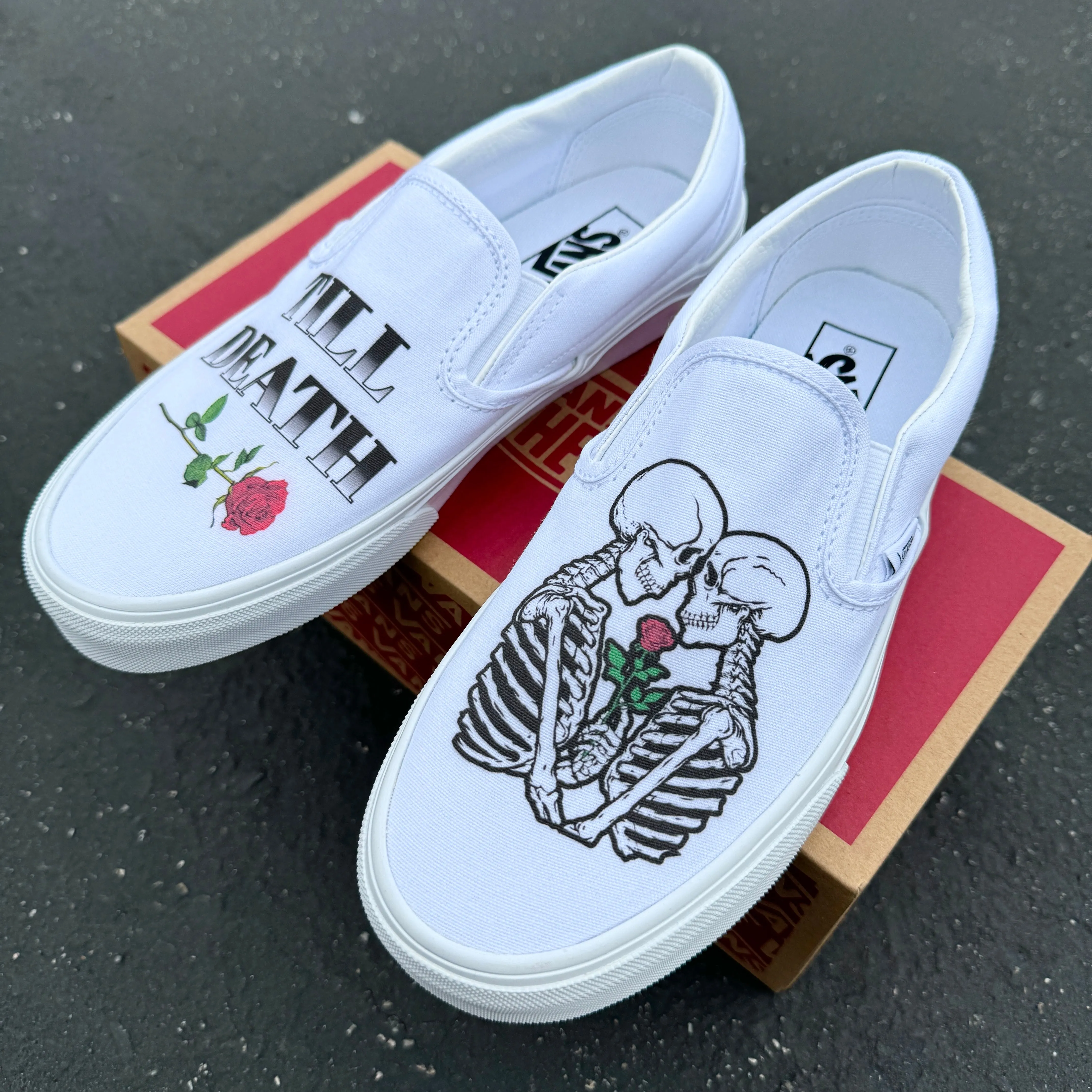 Till Death Kissing Skeletons White Wedding Vans Slip On Shoes - Men's and Women's Custom Vans Sneakers