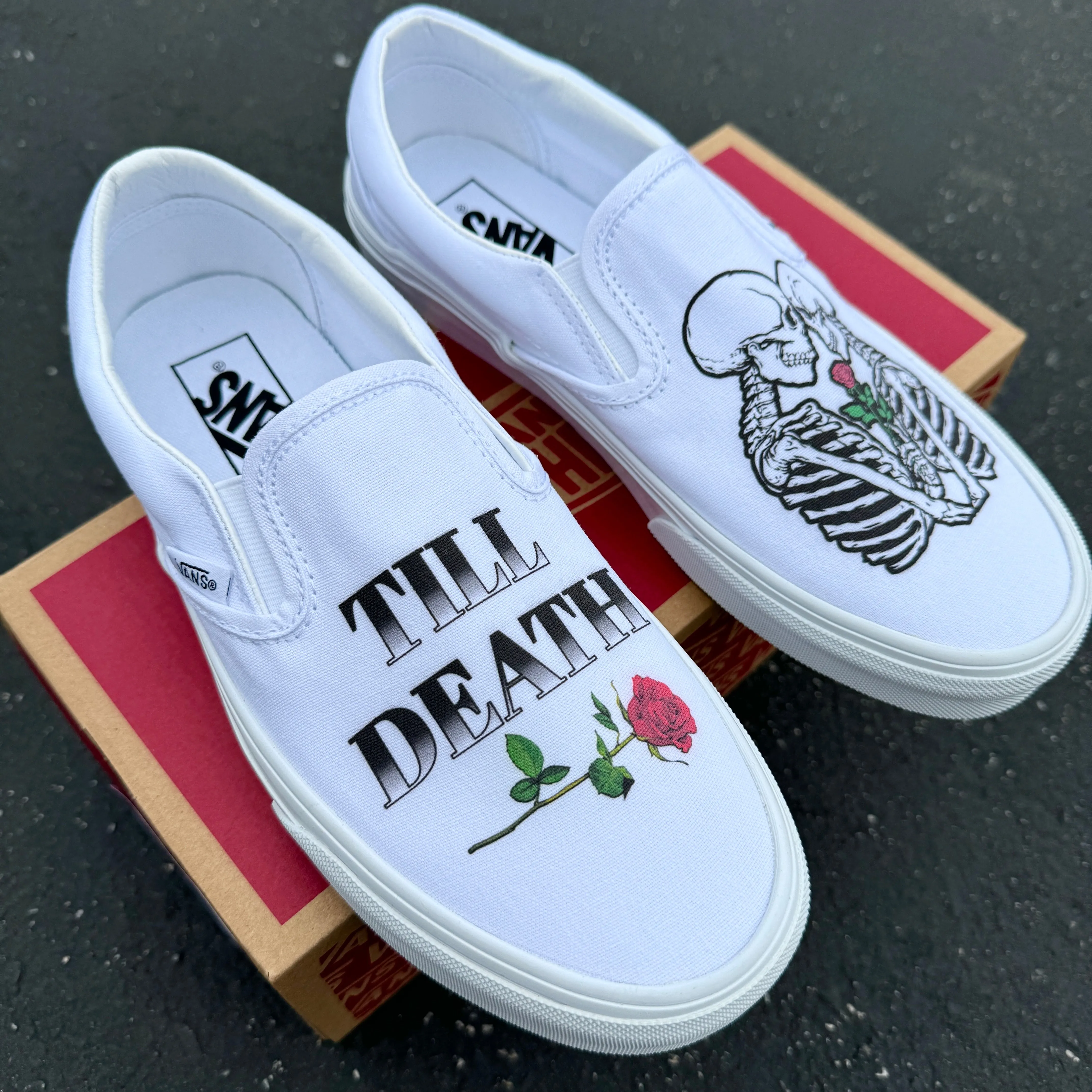 Till Death Kissing Skeletons White Wedding Vans Slip On Shoes - Men's and Women's Custom Vans Sneakers