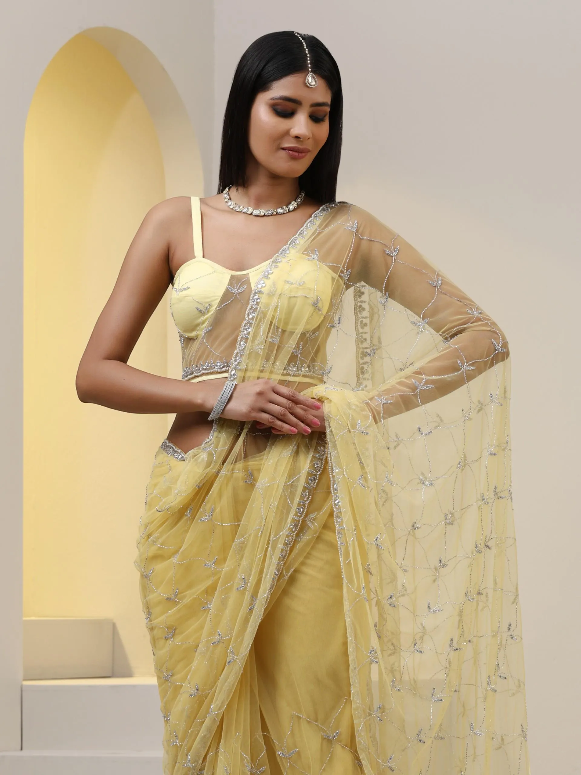 Topaz Yellow Net Cut Dana Embroidery Saree with Blouse Fabric