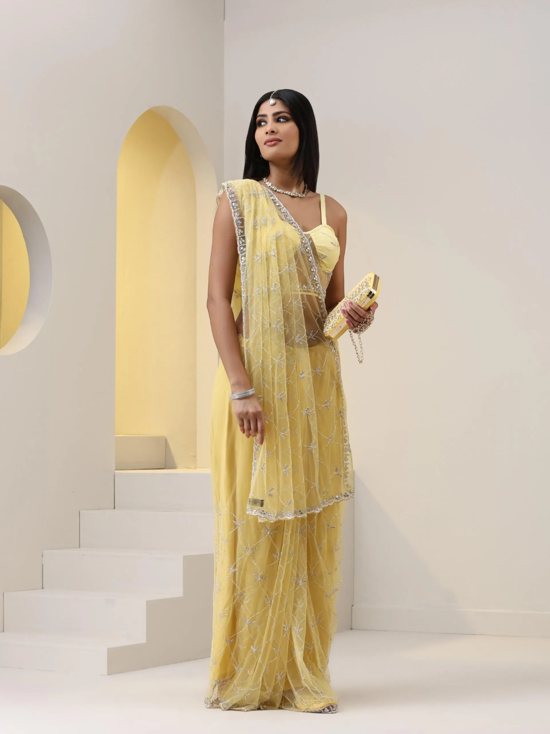 Topaz Yellow Net Cut Dana Embroidery Saree with Blouse Fabric