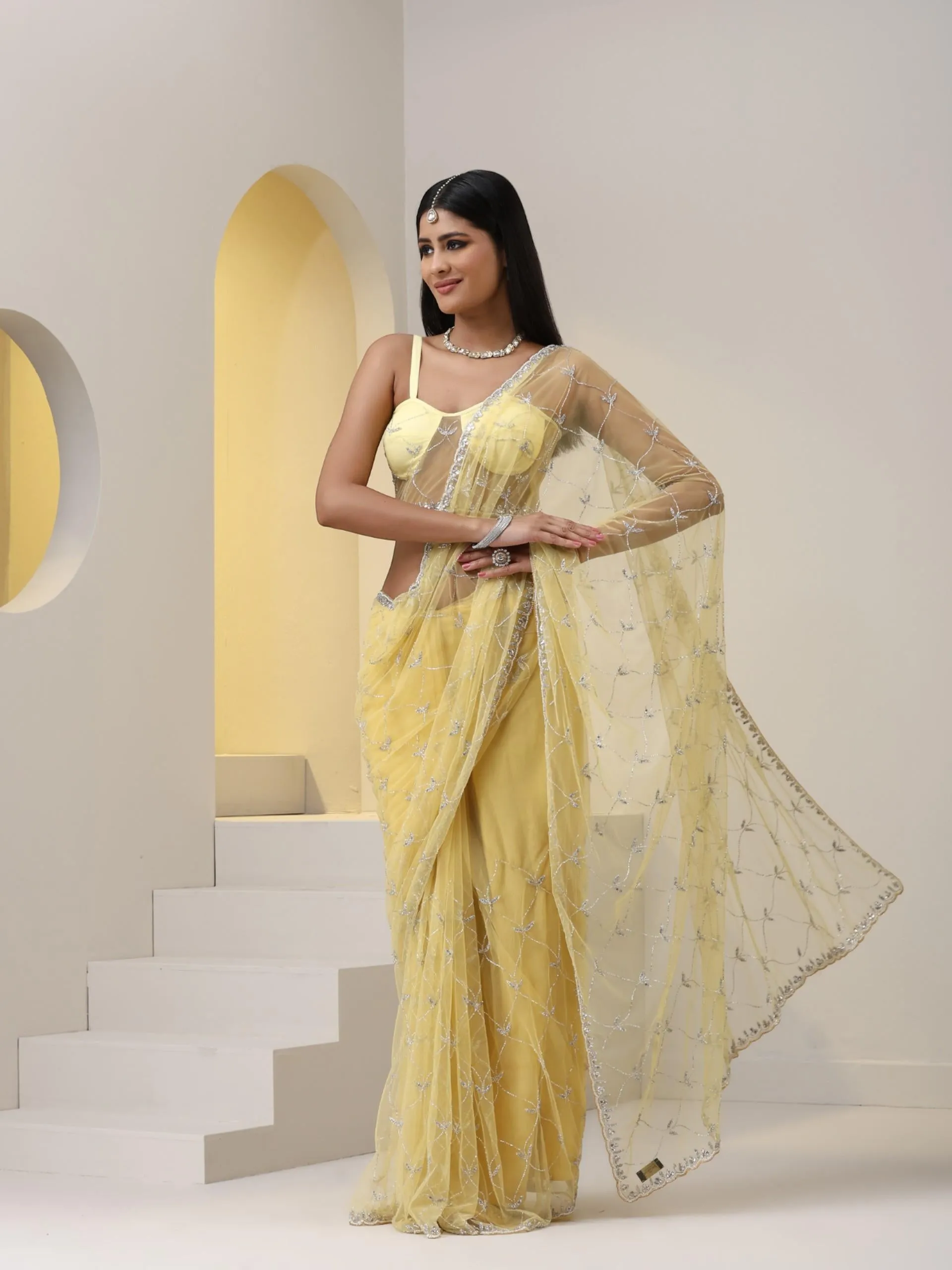 Topaz Yellow Net Cut Dana Embroidery Saree with Blouse Fabric