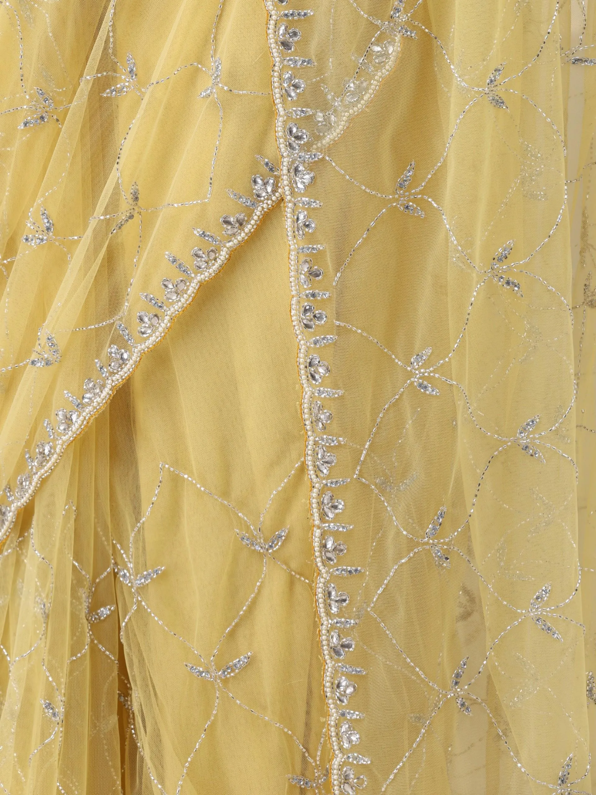 Topaz Yellow Net Cut Dana Embroidery Saree with Blouse Fabric