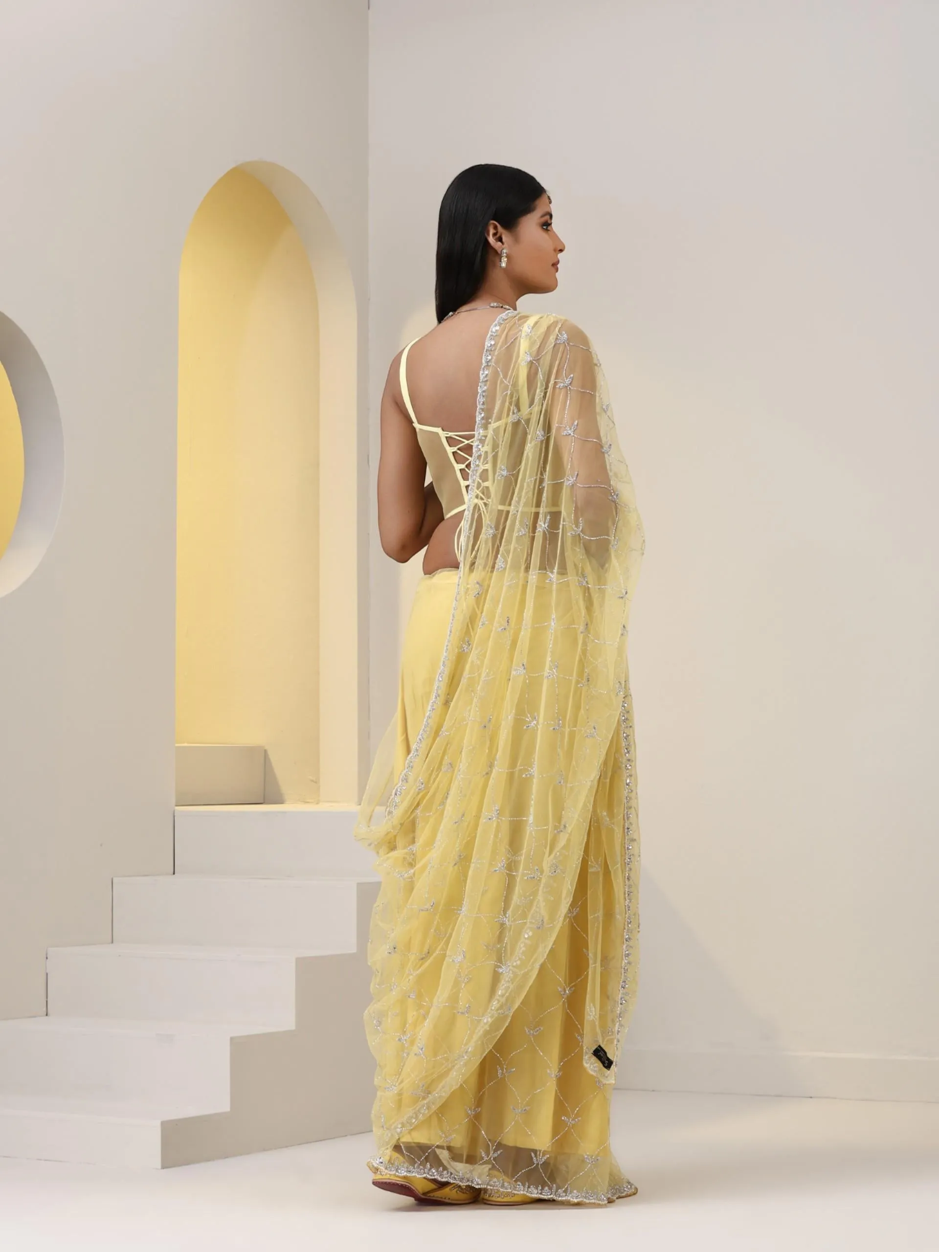 Topaz Yellow Net Cut Dana Embroidery Saree with Blouse Fabric