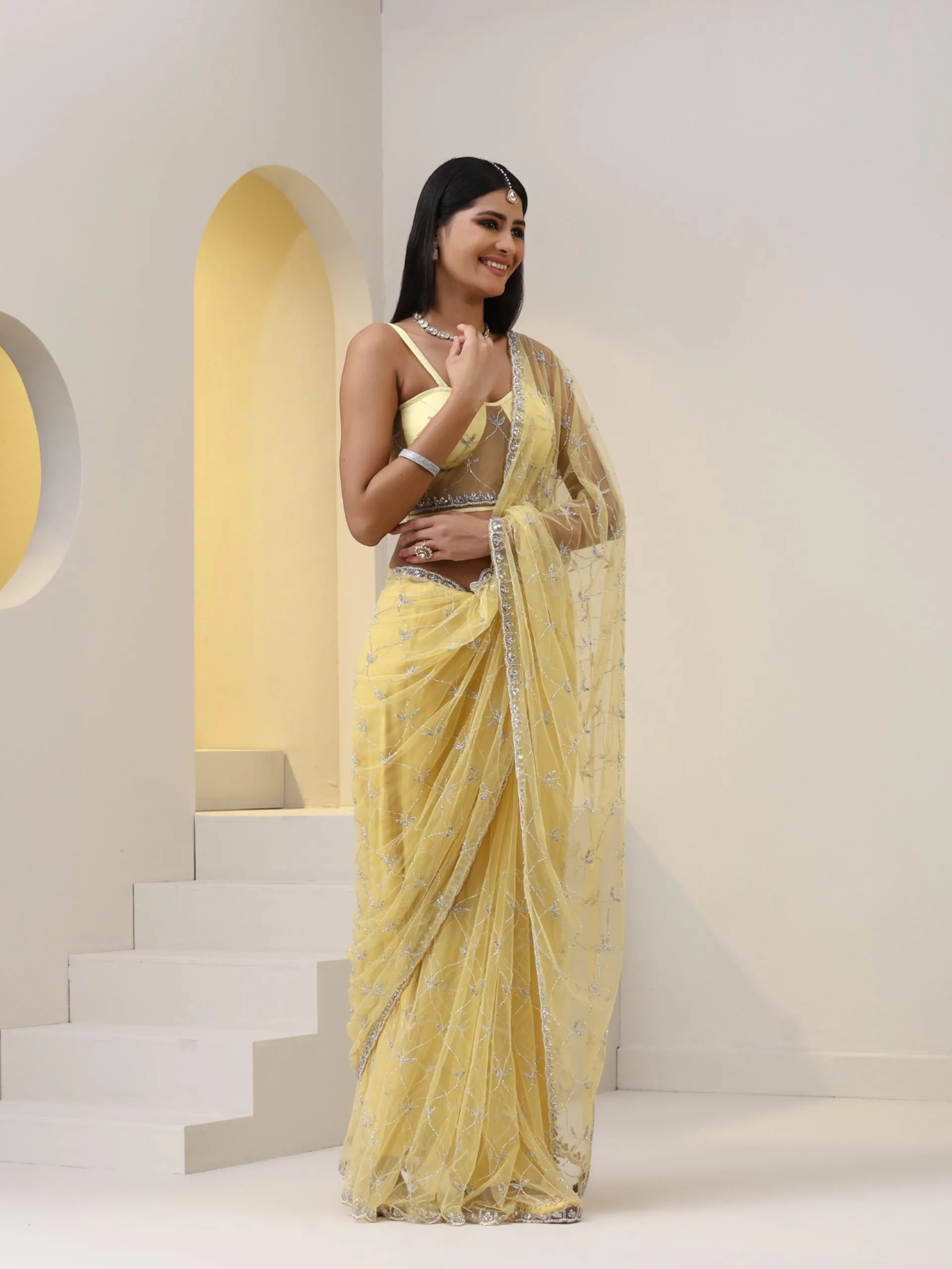 Topaz Yellow Net Cut Dana Embroidery Saree with Blouse Fabric