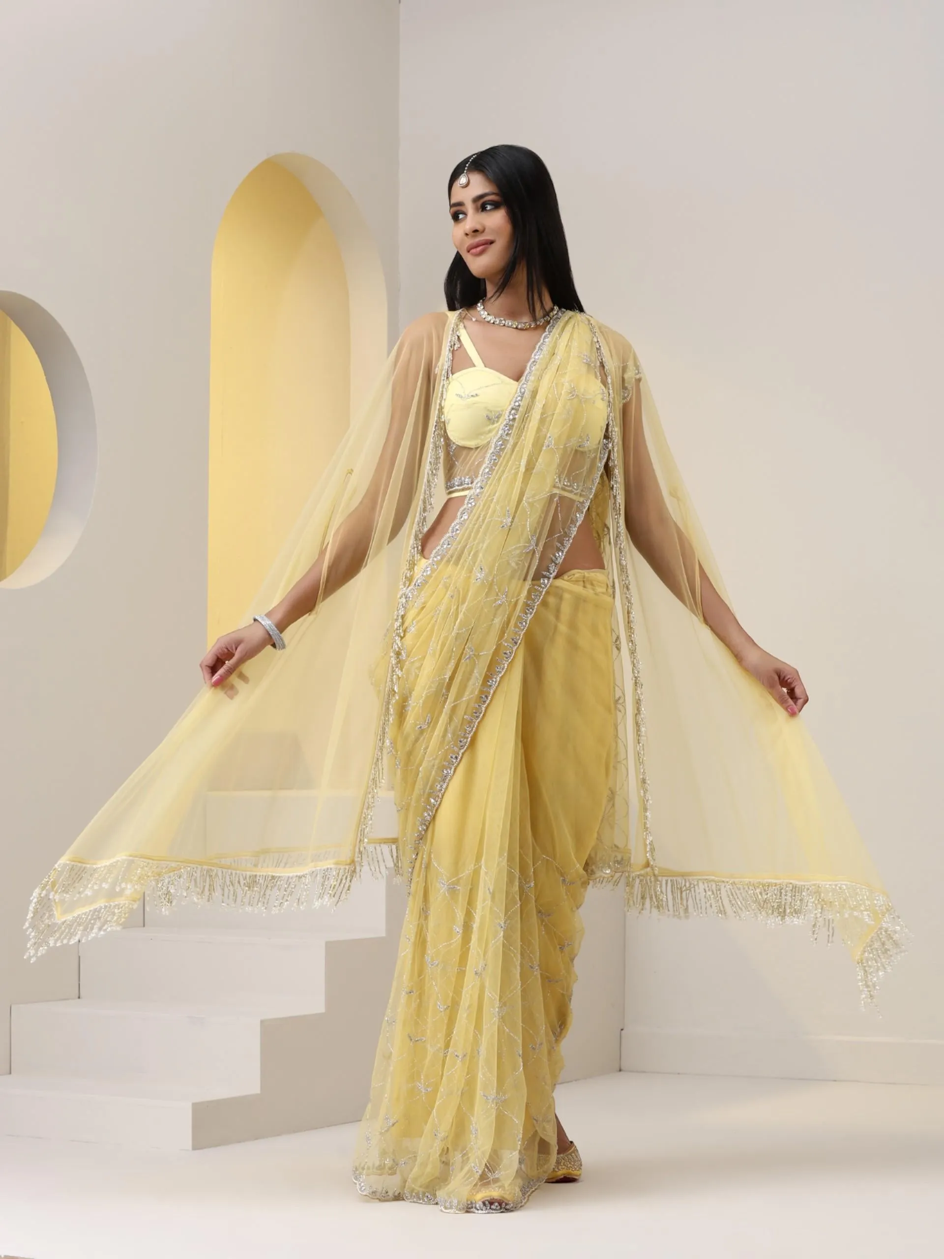 Topaz Yellow Net Cut Dana Embroidery Saree with Blouse Fabric