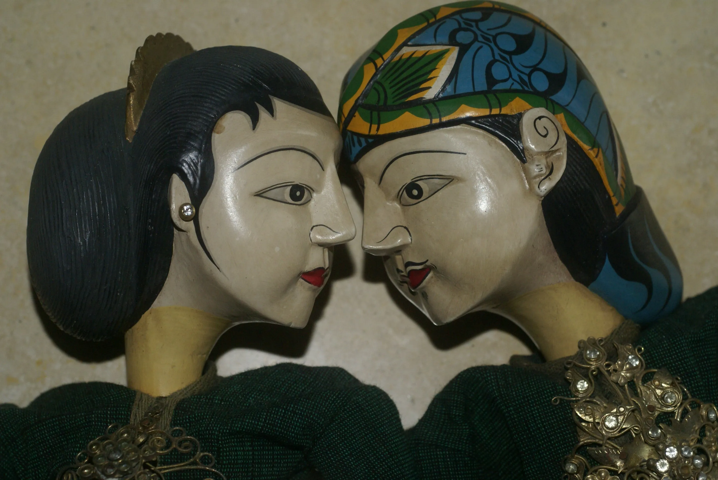 Vintage Javanese Theater Royal Puppet Couple: Rama & Sinta, Created by Master Artist Carver & Painter, Clothed in Hand Made Batik Costume (Wooden Wayang Golek or Puppet Dolls Collectibles) Yogyakarta, late 1900’s, Indonesia.