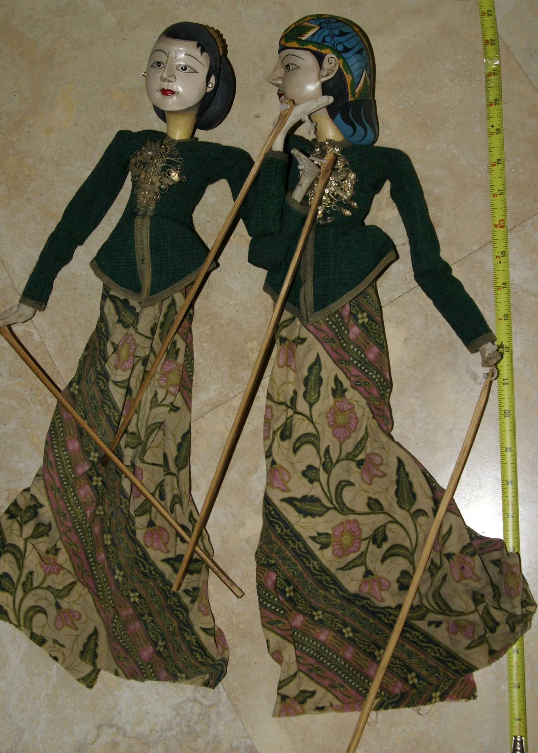 Vintage Javanese Theater Royal Puppet Couple: Rama & Sinta, Created by Master Artist Carver & Painter, Clothed in Hand Made Batik Costume (Wooden Wayang Golek or Puppet Dolls Collectibles) Yogyakarta, late 1900’s, Indonesia.