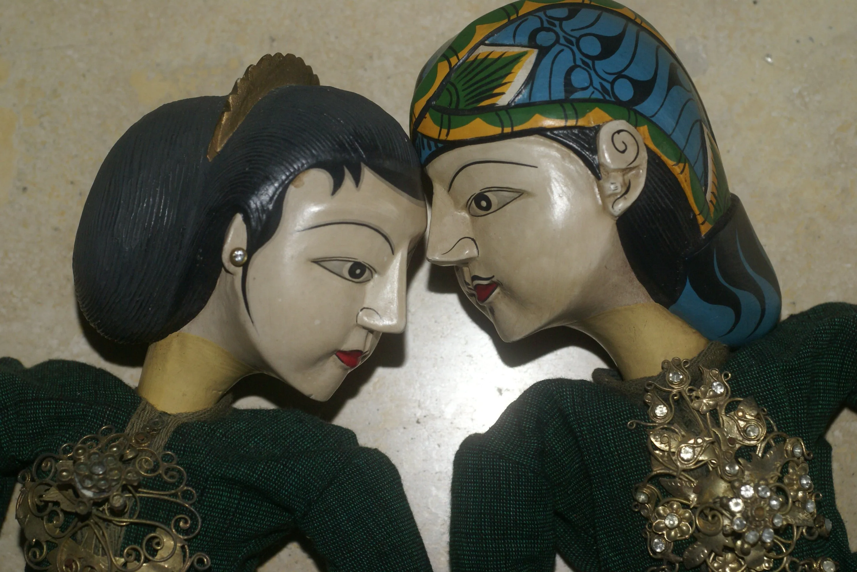 Vintage Javanese Theater Royal Puppet Couple: Rama & Sinta, Created by Master Artist Carver & Painter, Clothed in Hand Made Batik Costume (Wooden Wayang Golek or Puppet Dolls Collectibles) Yogyakarta, late 1900’s, Indonesia.