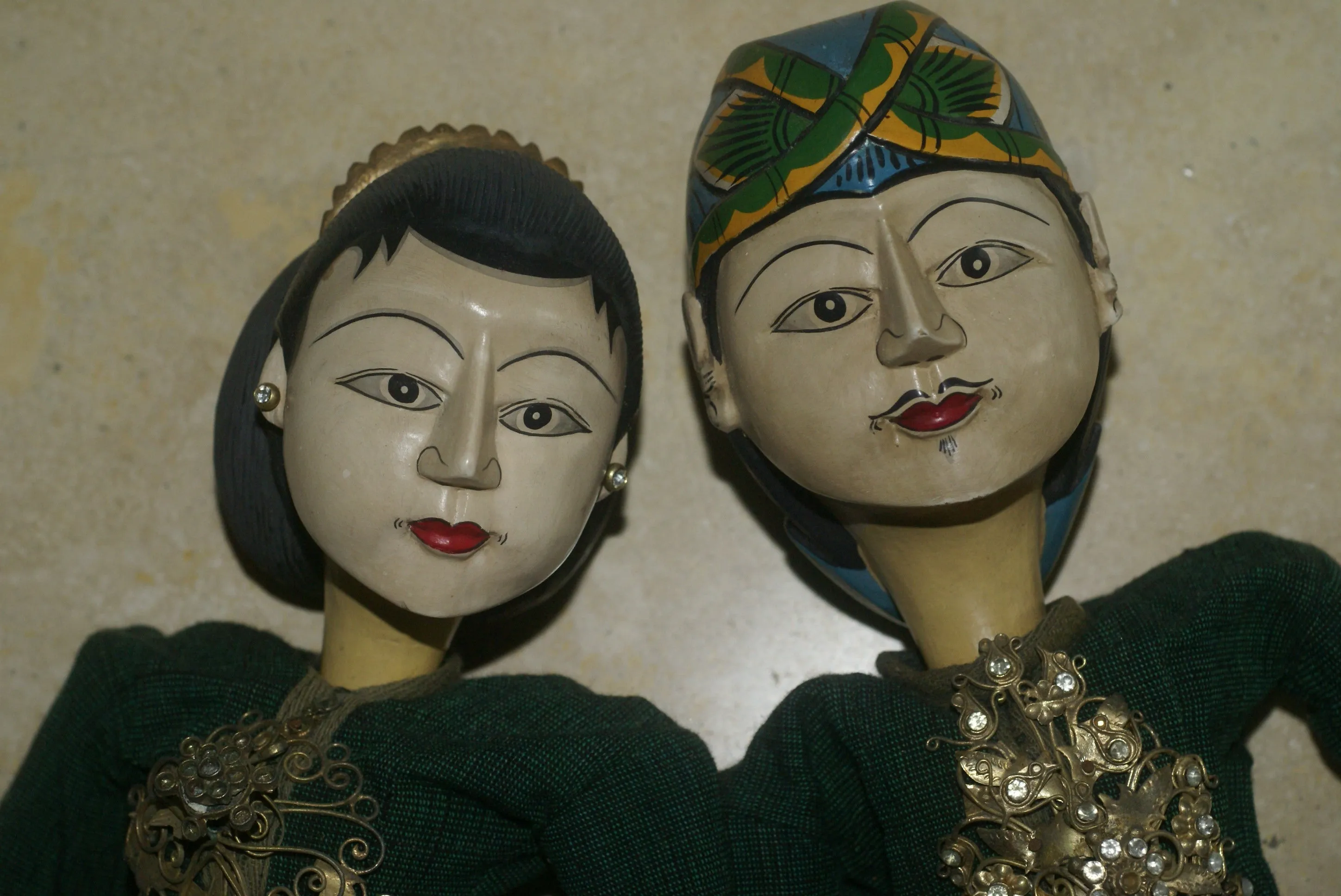 Vintage Javanese Theater Royal Puppet Couple: Rama & Sinta, Created by Master Artist Carver & Painter, Clothed in Hand Made Batik Costume (Wooden Wayang Golek or Puppet Dolls Collectibles) Yogyakarta, late 1900’s, Indonesia.