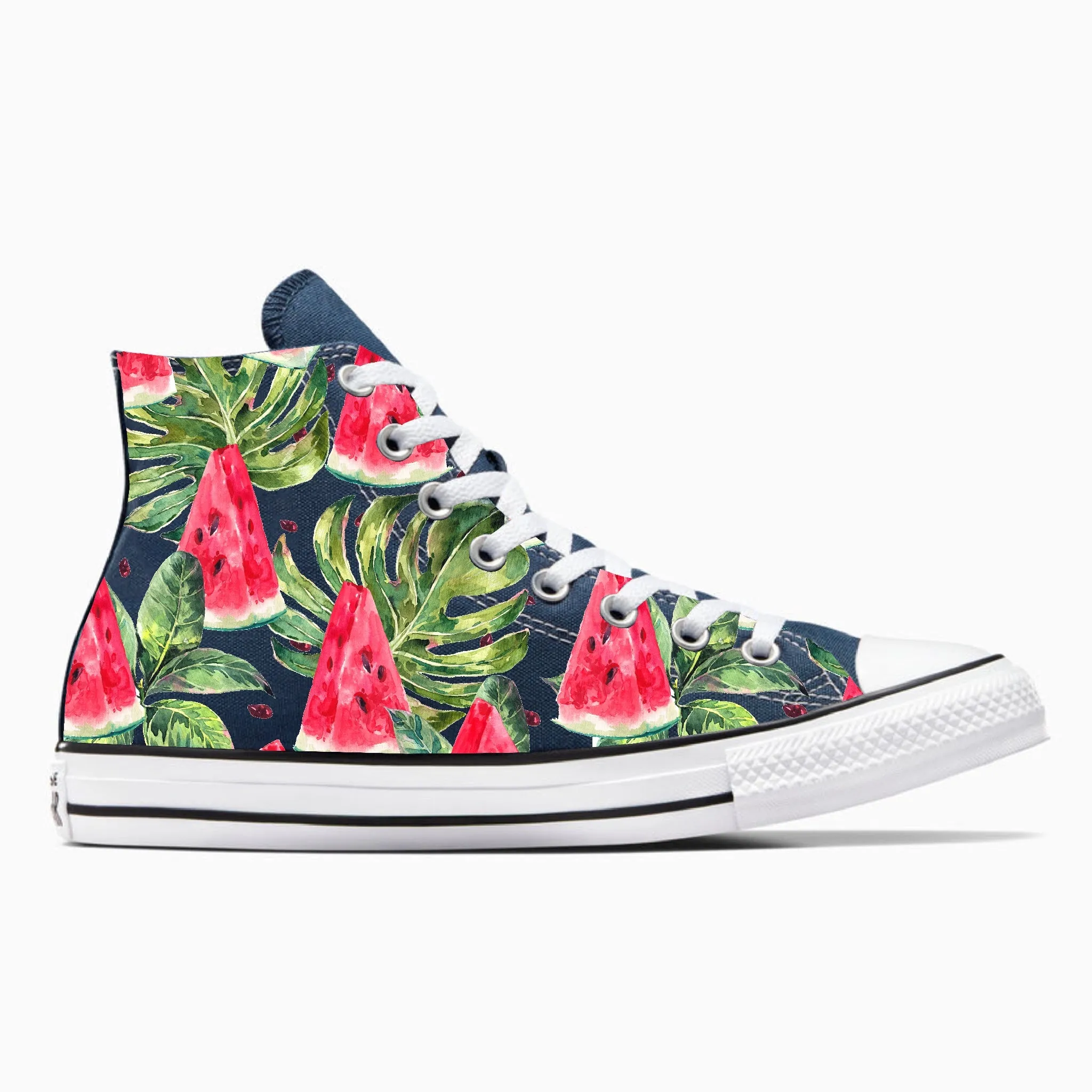 Watermelon Pattern on Navy High Top Converse Shoes - Men's and Women's Custom Tie Lace Up Sneakers