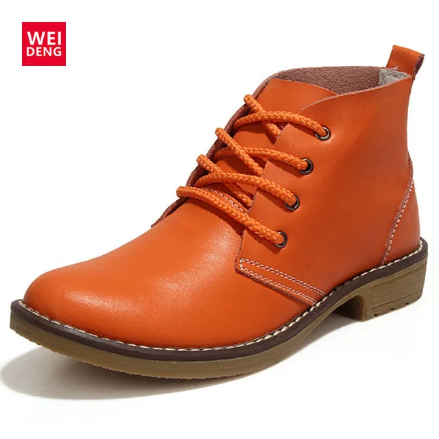 WeiDeng 4 Color Fashion Women Winte Lace up Genuine Leather Classic Shoe High Style Flat Brand Casual Shoes Boots 2016