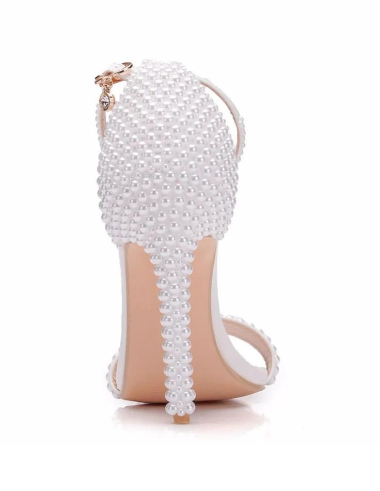 White Pearl Ankle Strap Party Dress Shoes Open Toe High Heel Pumps