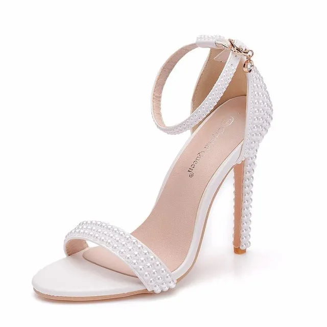 White Pearl Ankle Strap Party Dress Shoes Open Toe High Heel Pumps