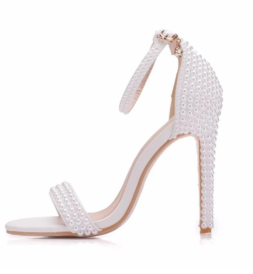 White Pearl Ankle Strap Party Dress Shoes Open Toe High Heel Pumps