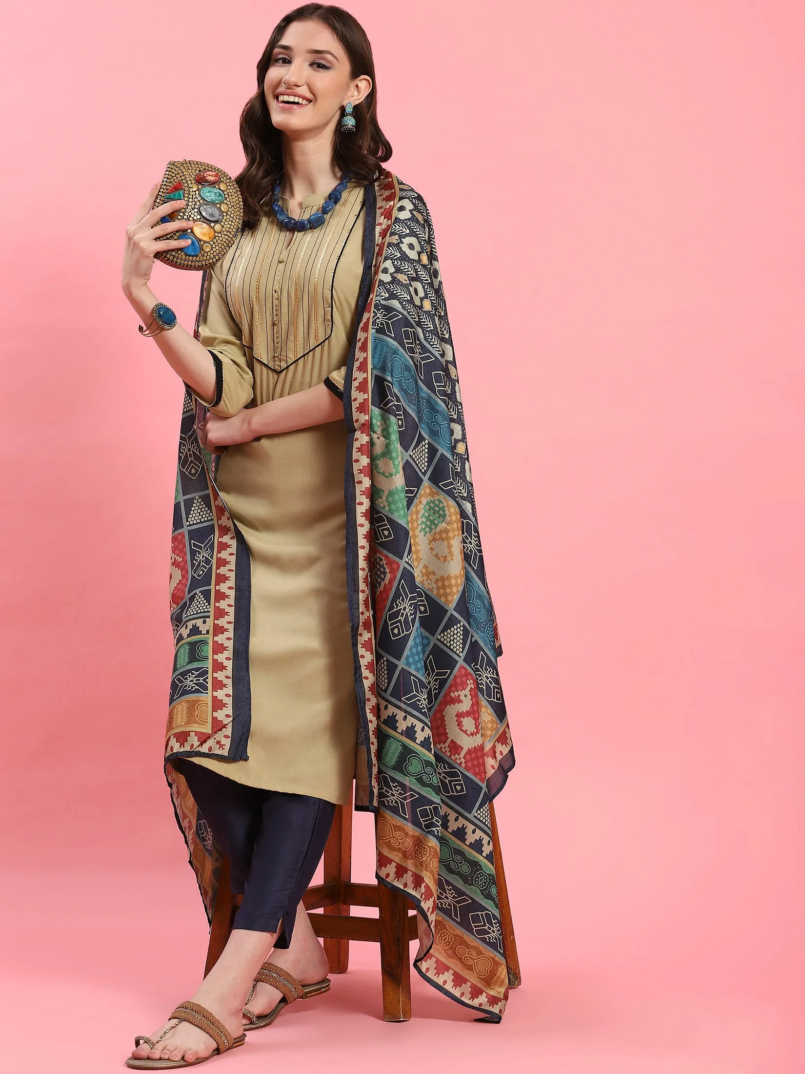 Women Beige Solid Kurta Trouser Dupatta