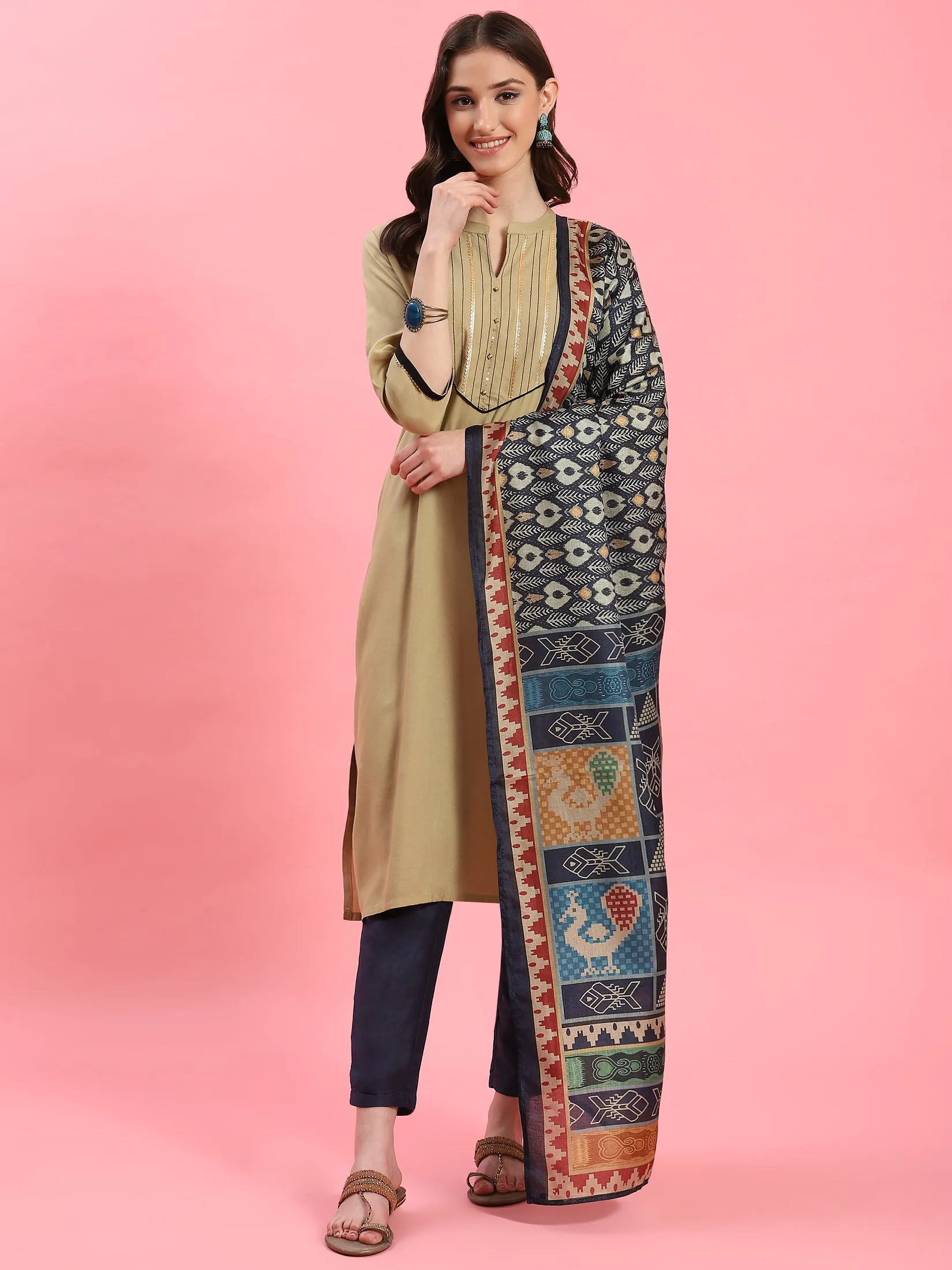 Women Beige Solid Kurta Trouser Dupatta