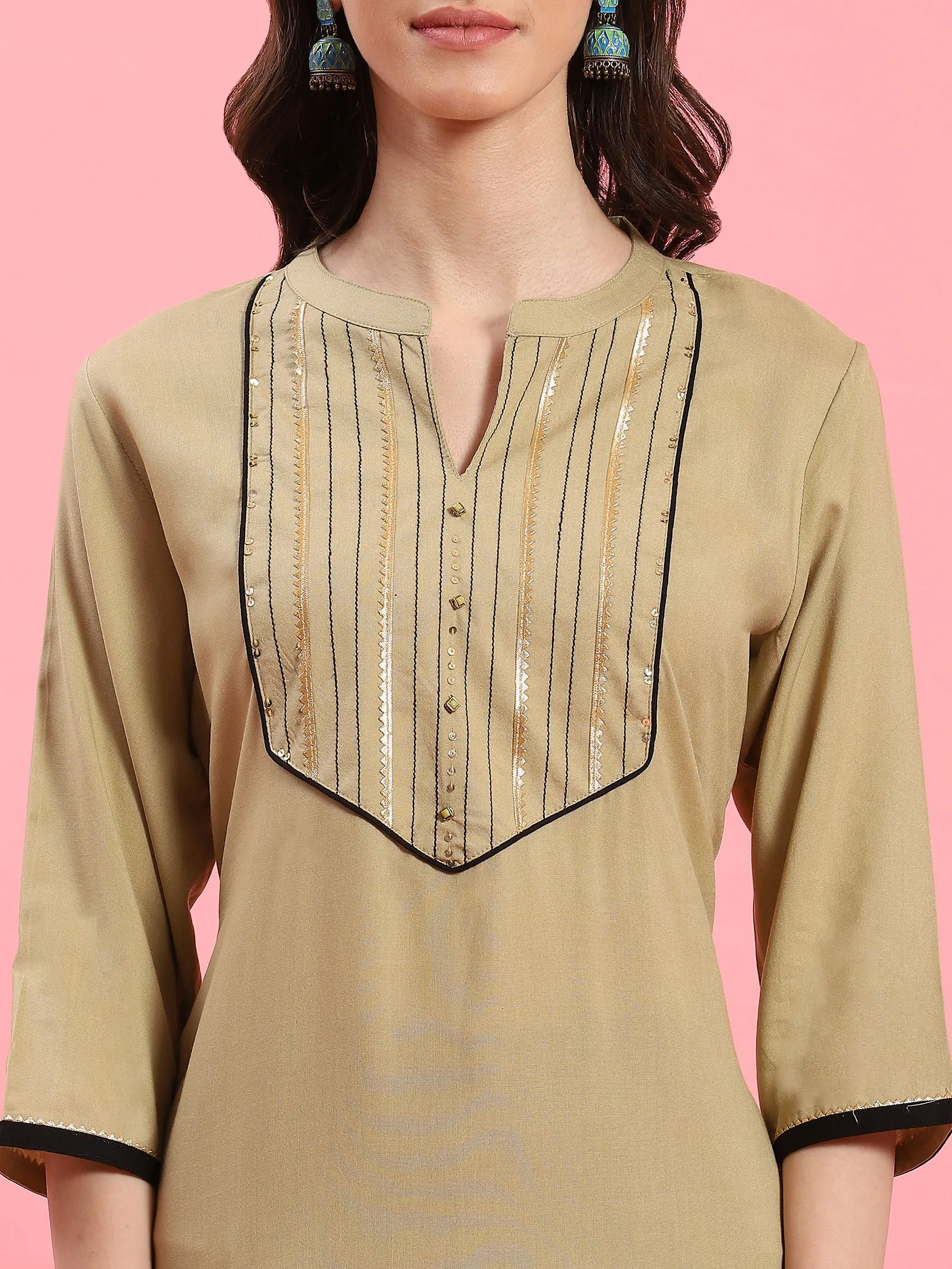 Women Beige Solid Kurta Trouser Dupatta