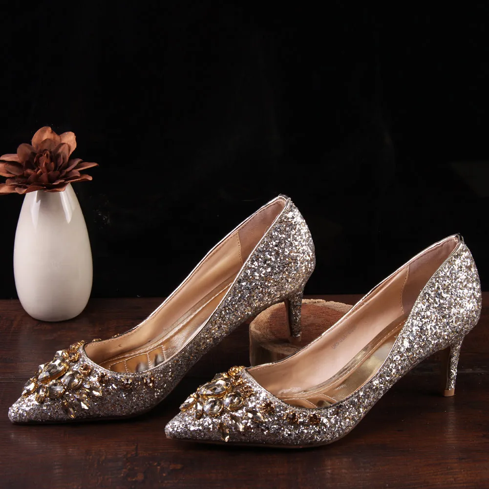 Women “VALO”Diamante Embellished Pointy Toe Kitten Heel Court Shoes